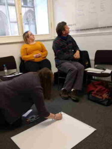 Helen in the 'writing room' with Claire and Grant